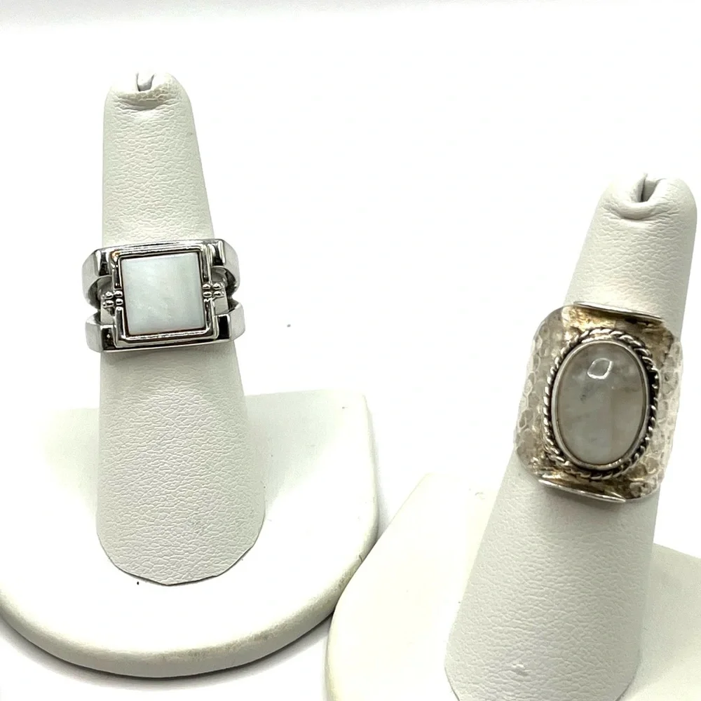 Three Silver Tone Rings with White/Opalescent Stones - Stackable Set
